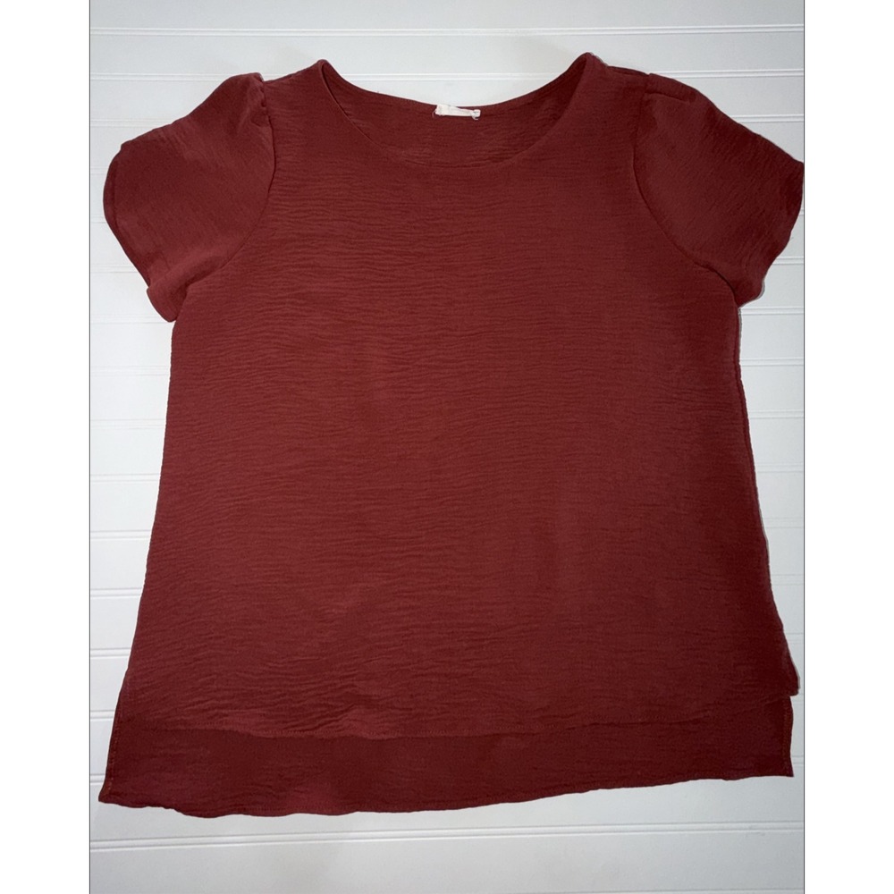 Les Amis Rust Crinkle Textured Blouse Short Sleeve High Low Hem Top Large